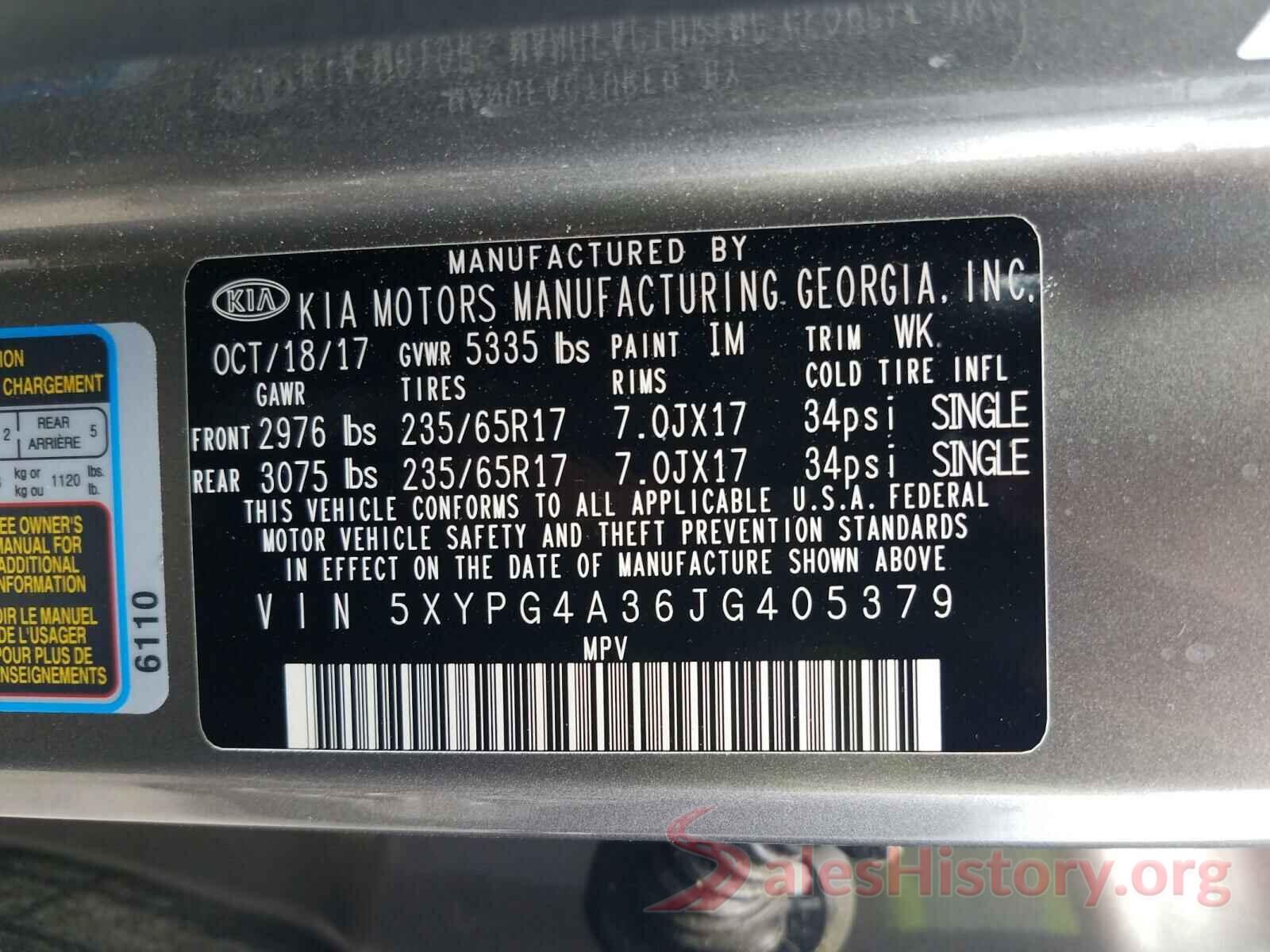 5XYPG4A36JG405379 2018 KIA SORENTO