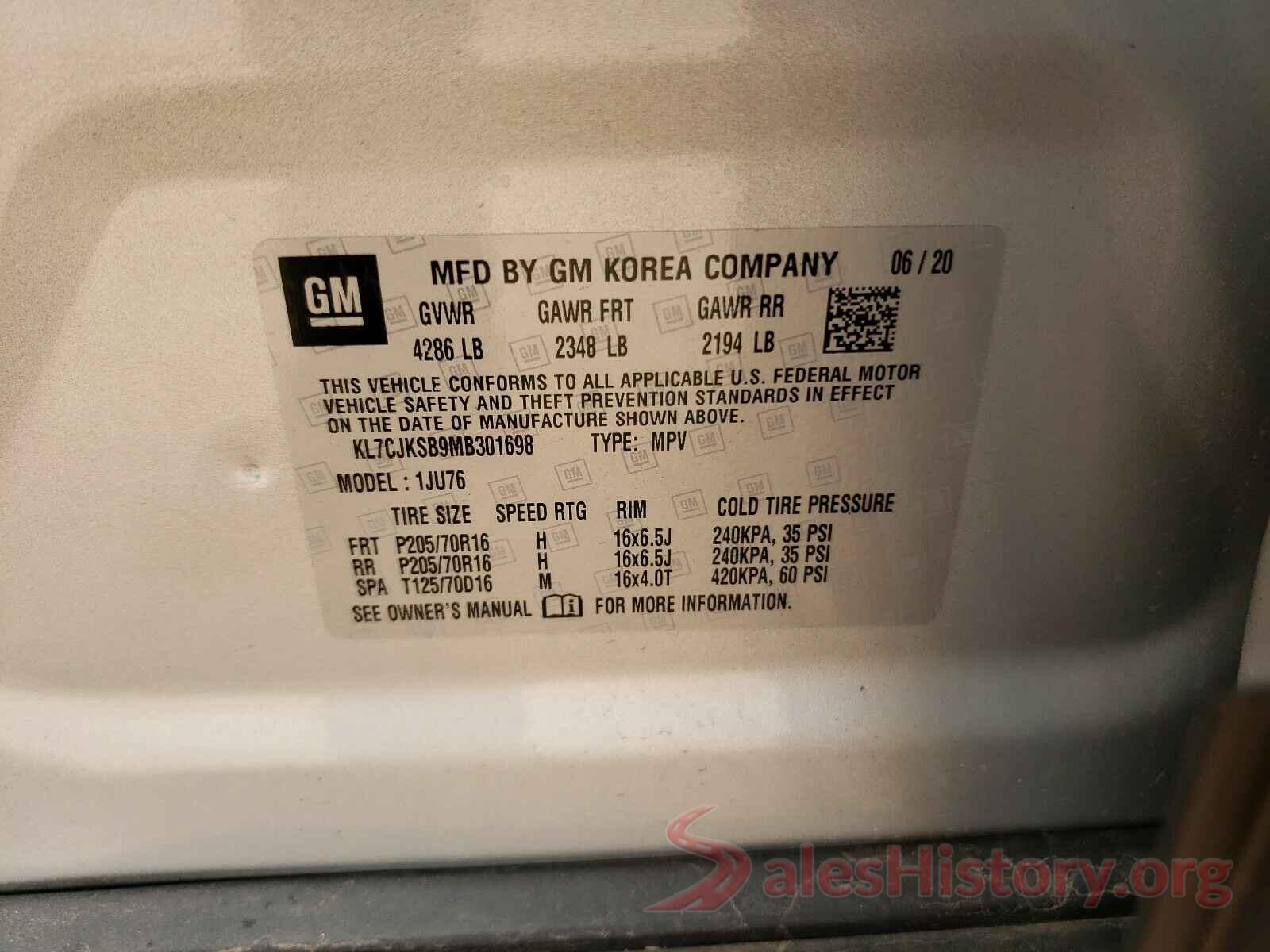 KL7CJKSB9MB301698 2021 CHEVROLET TRAX