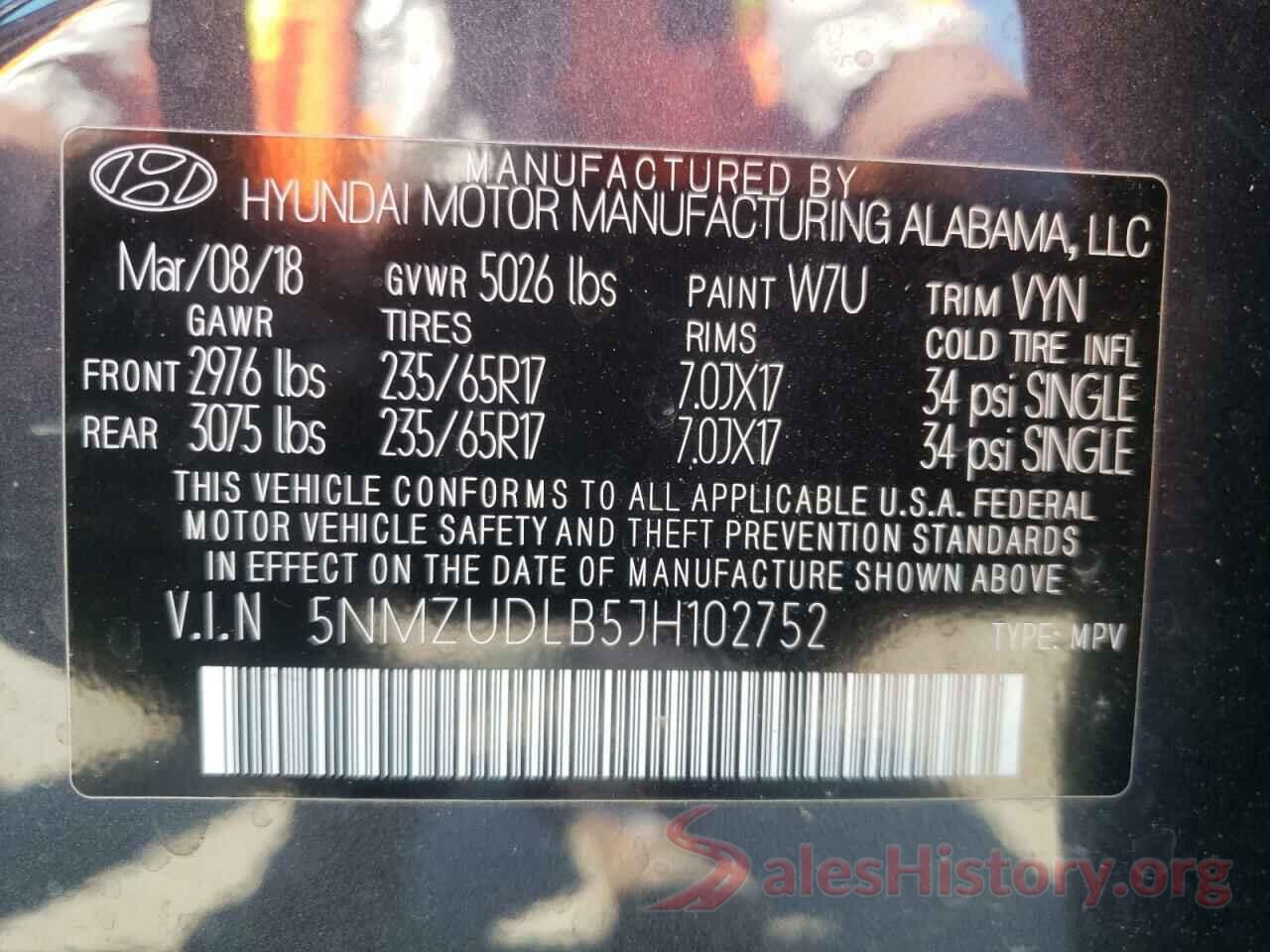 5NMZUDLB5JH102752 2018 HYUNDAI SANTA FE