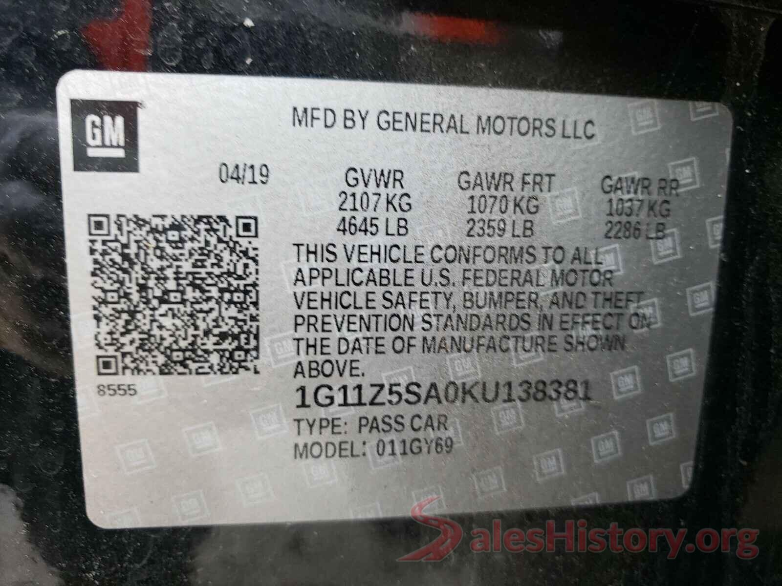 1G11Z5SA0KU138381 2019 CHEVROLET IMPALA