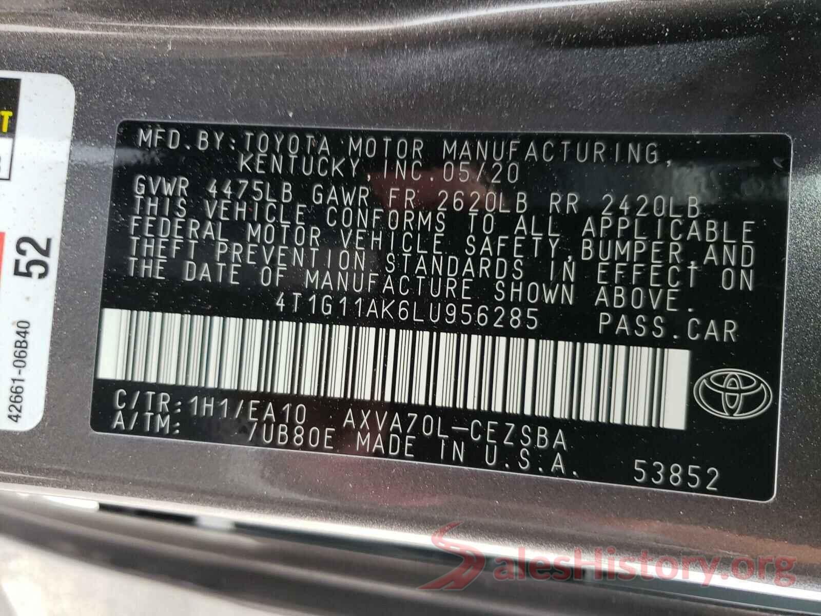 4T1G11AK6LU956285 2020 TOYOTA CAMRY