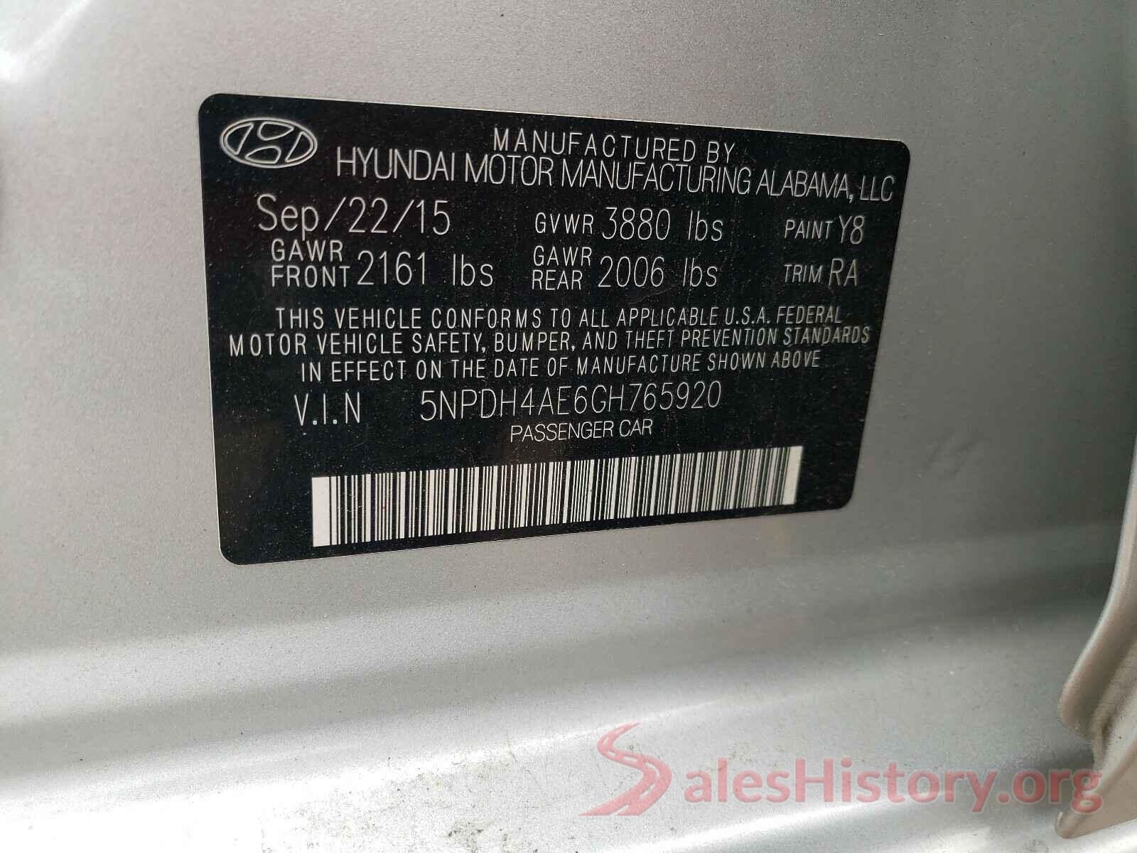 5NPDH4AE6GH765920 2016 HYUNDAI ELANTRA