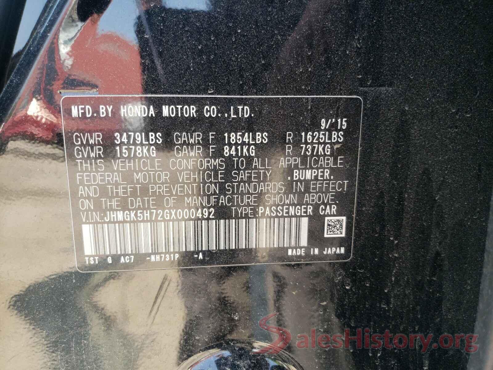 JHMGK5H72GX000492 2016 HONDA FIT