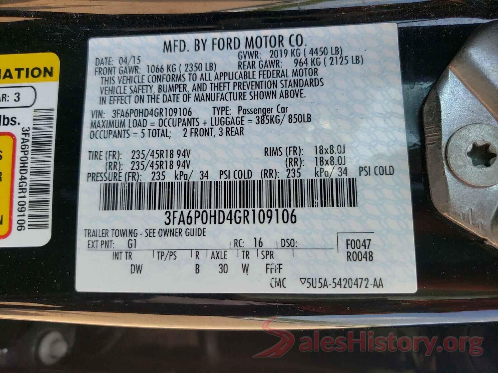 3FA6P0HD4GR109106 2016 FORD FUSION