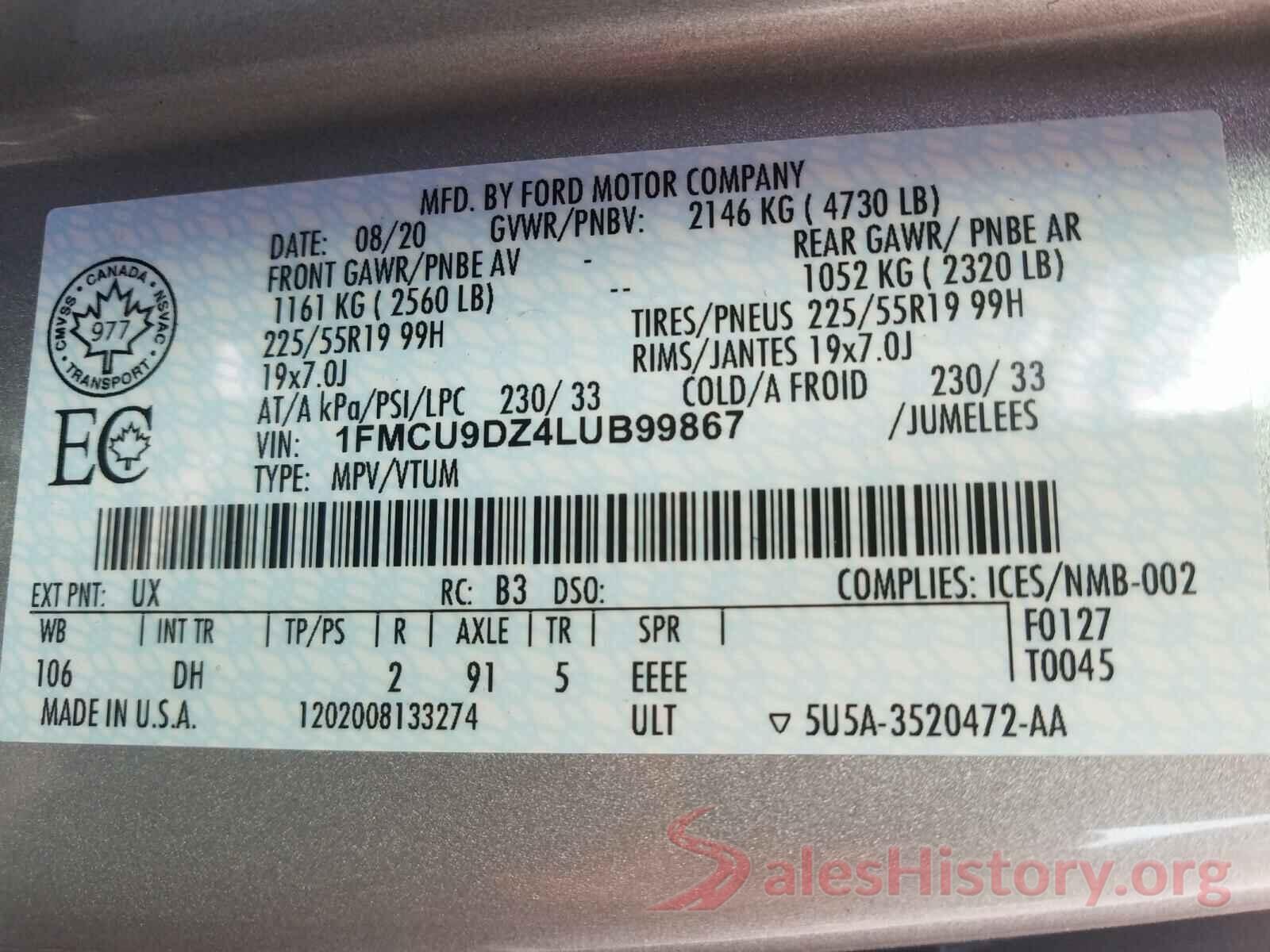 1FMCU9DZ4LUB99867 2020 FORD ESCAPE