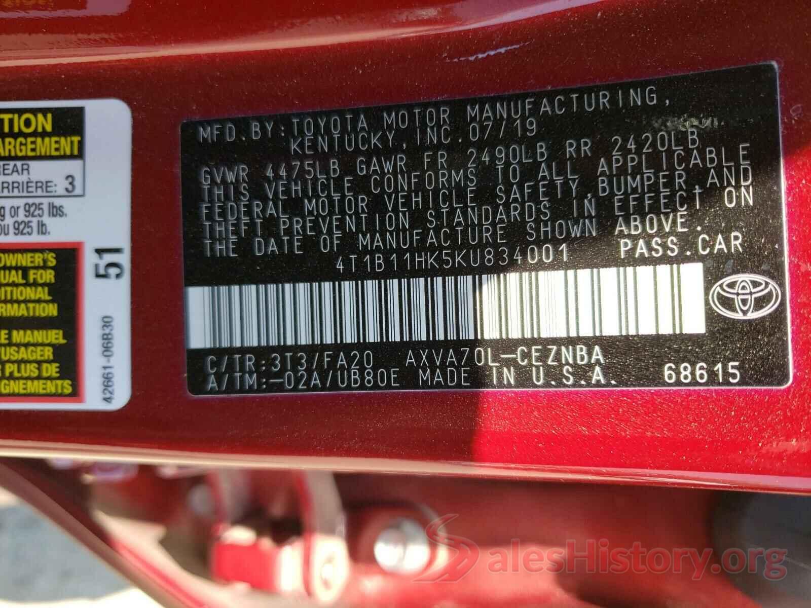 4T1B11HK5KU834001 2019 TOYOTA CAMRY