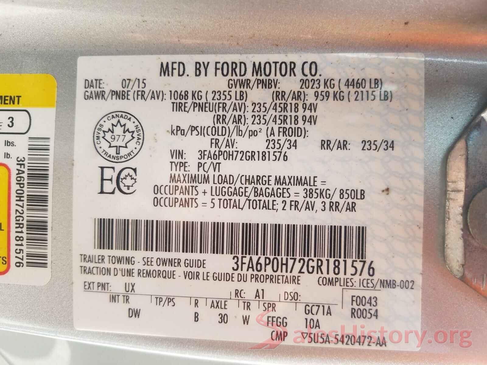 3FA6P0H72GR181576 2016 FORD FUSION