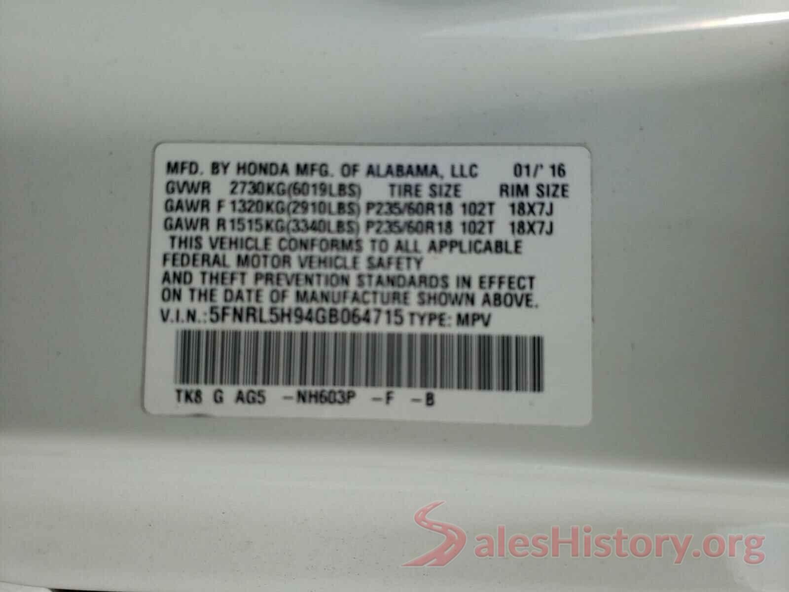 5FNRL5H94GB064715 2016 HONDA ODYSSEY