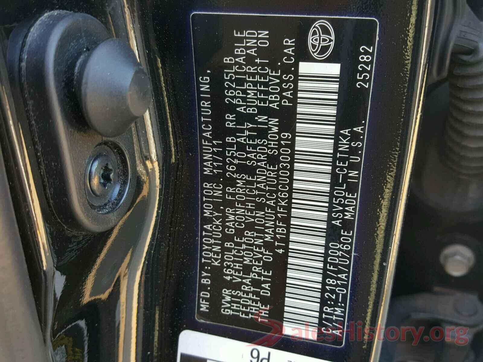 4T1BF1FK6CU030019 2012 TOYOTA CAMRY BASE