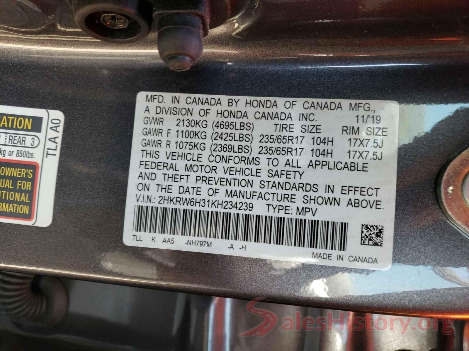 2HKRW6H31KH234239 2019 HONDA CRV