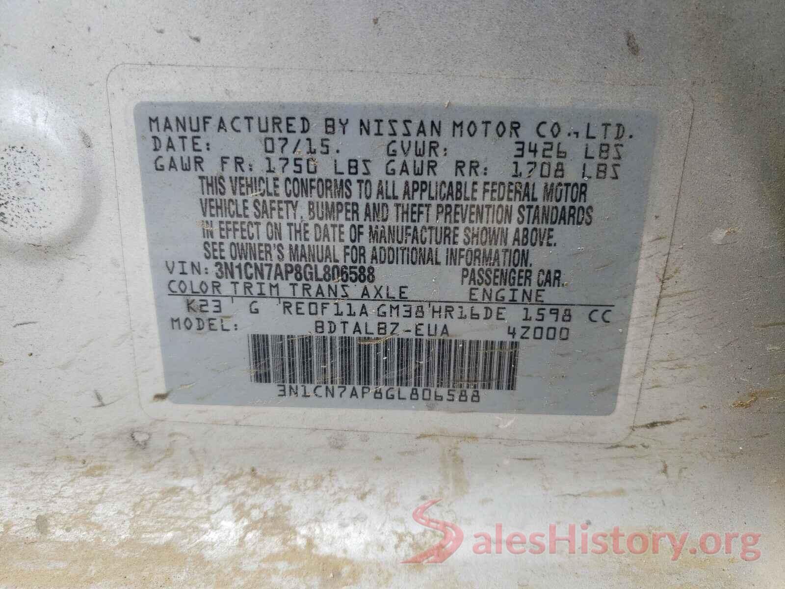 3N1CN7AP8GL806588 2016 NISSAN VERSA