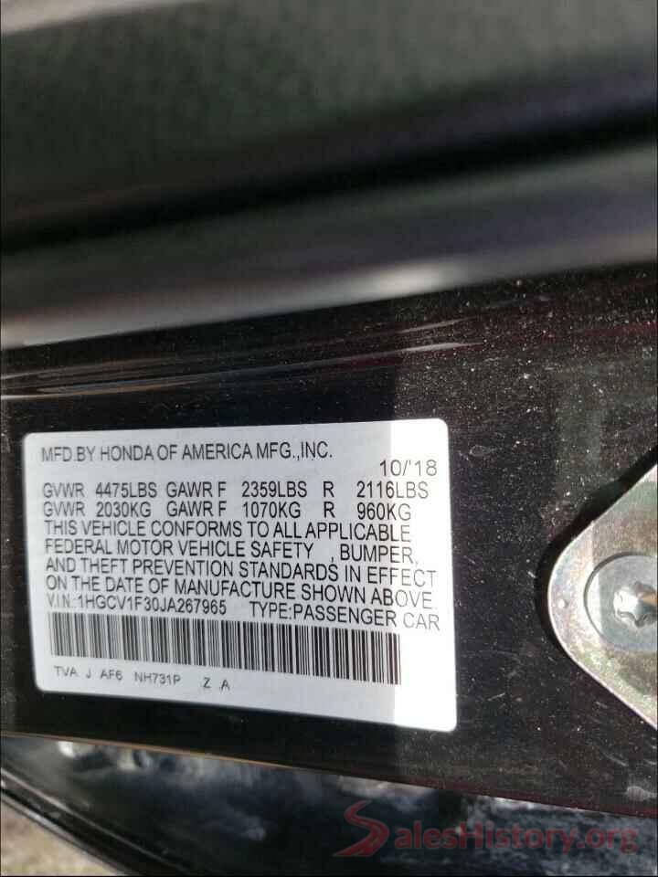 1HGCV1F30JA267965 2018 HONDA ACCORD