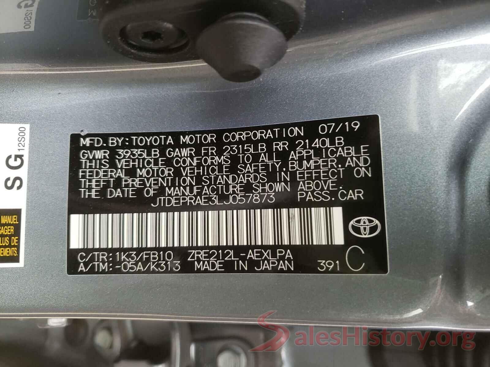 JTDEPRAE3LJ057873 2020 TOYOTA COROLLA