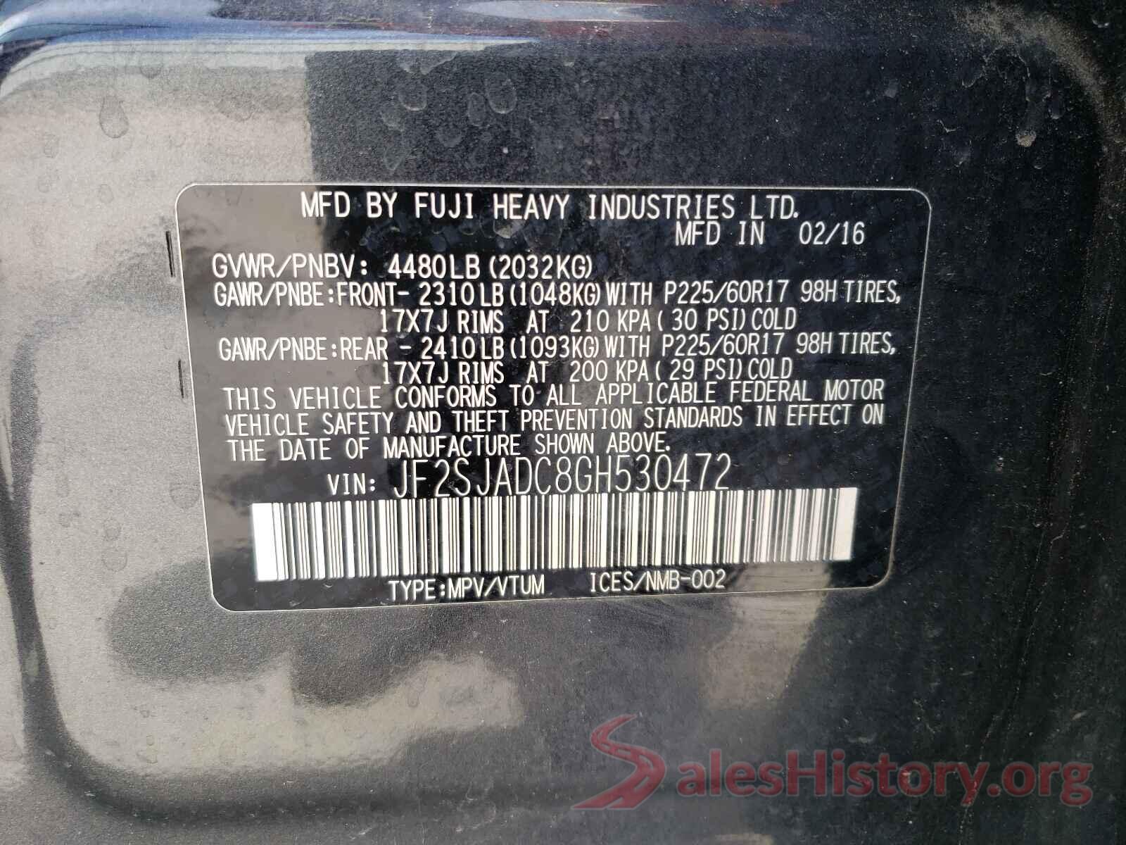 JF2SJADC8GH530472 2016 SUBARU FORESTER