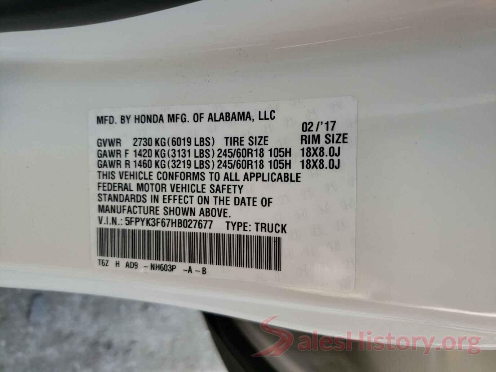 5FPYK3F67HB027677 2017 HONDA RIDGELINE