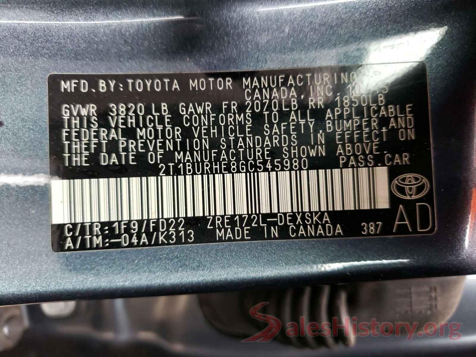 2T1BURHE8GC545980 2016 TOYOTA COROLLA