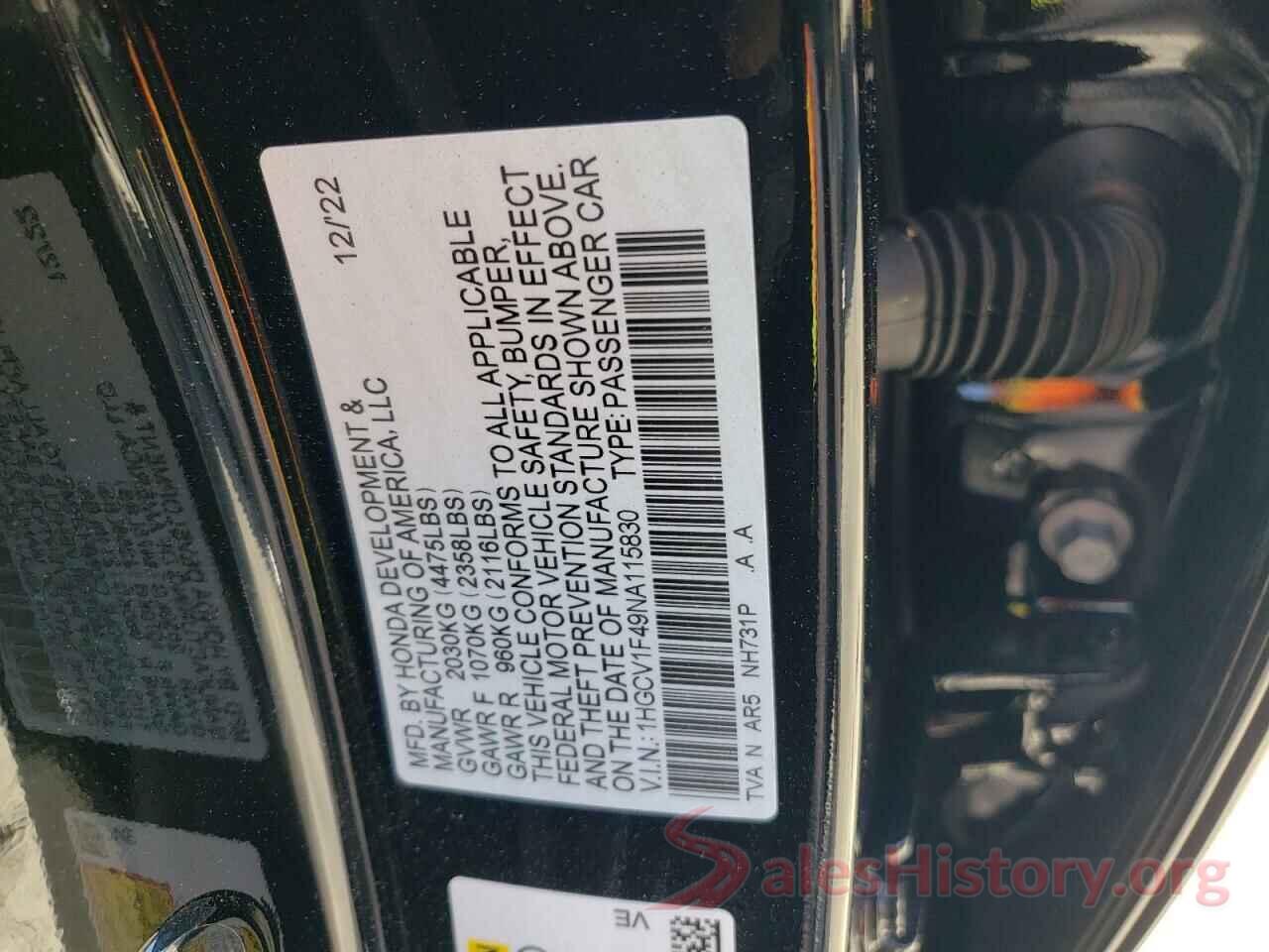 1HGCV1F49NA115830 2022 HONDA ACCORD