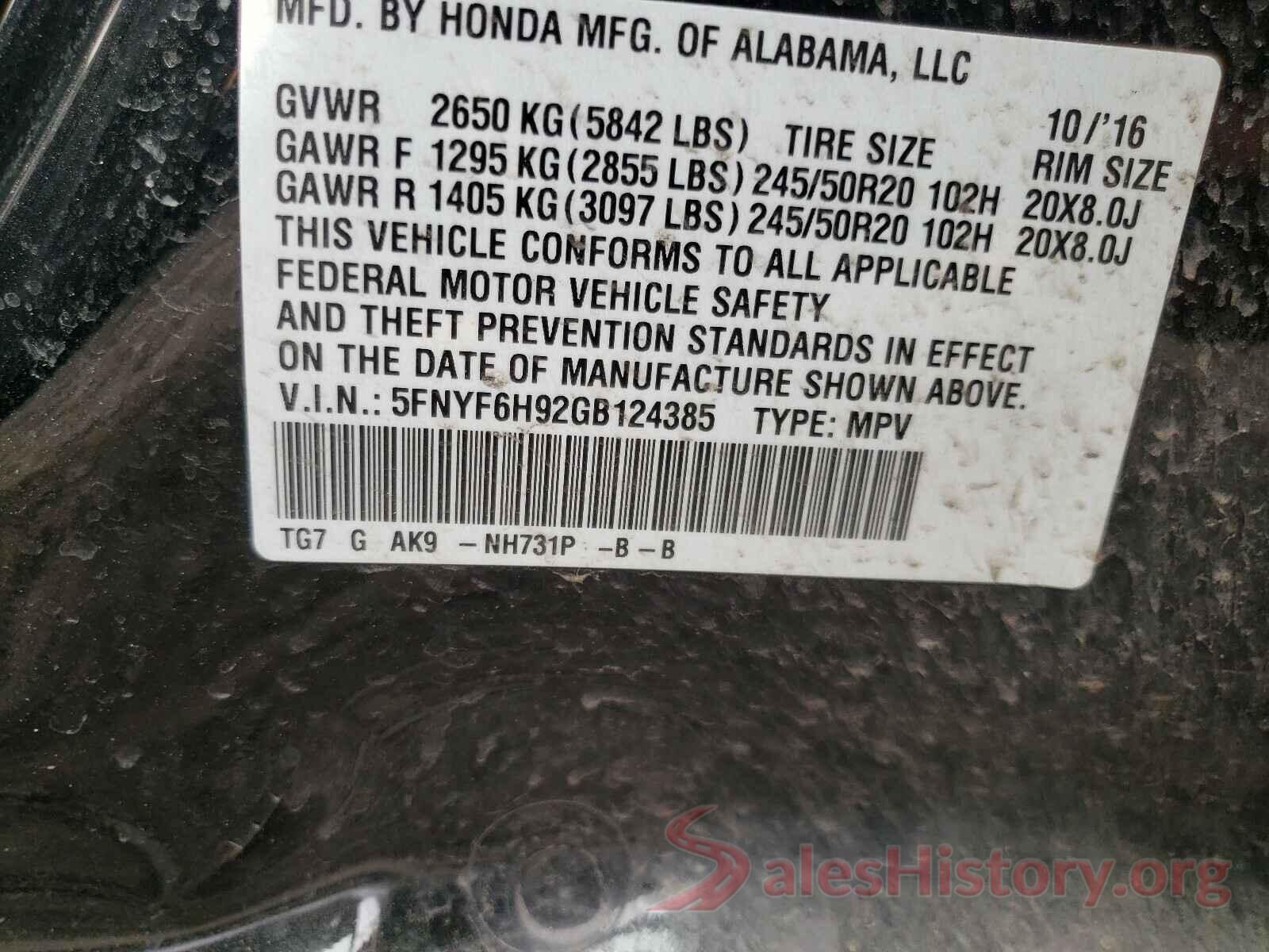 5FNYF6H92GB124385 2016 HONDA PILOT