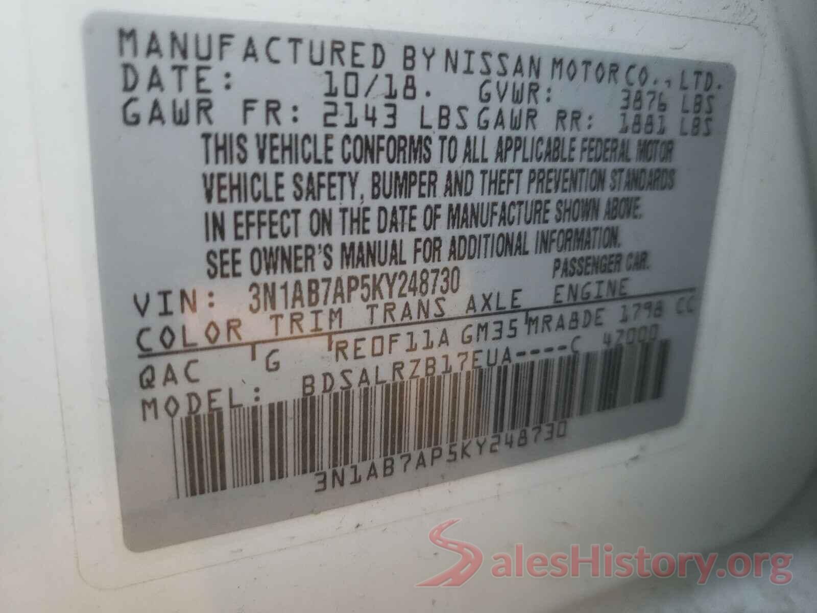 3N1AB7AP5KY248730 2019 NISSAN SENTRA