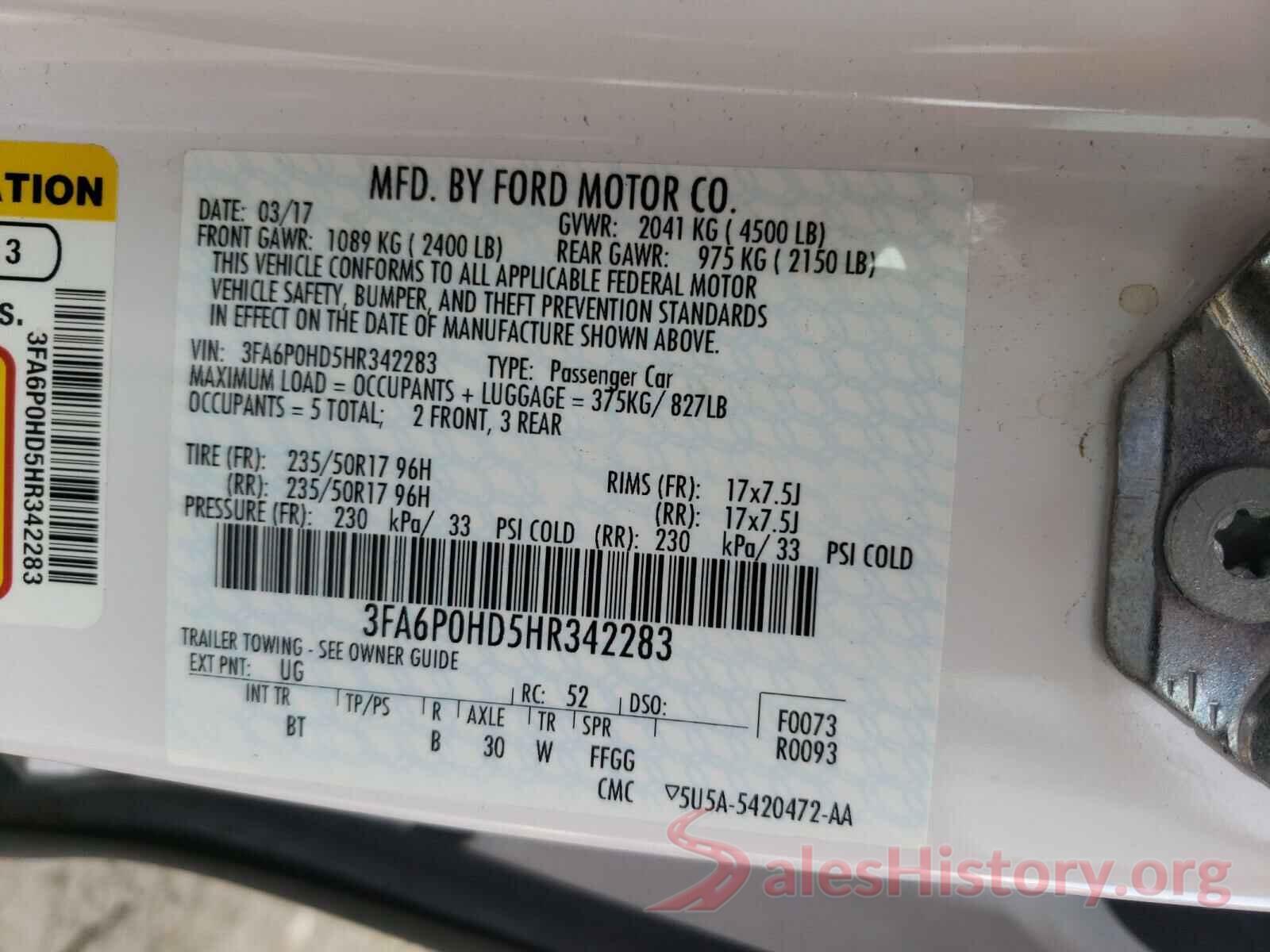 3FA6P0HD5HR342283 2017 FORD FUSION