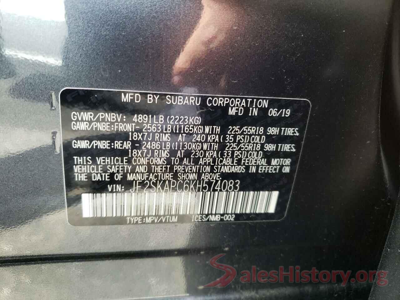 JF2SKAPC6KH574083 2019 SUBARU FORESTER