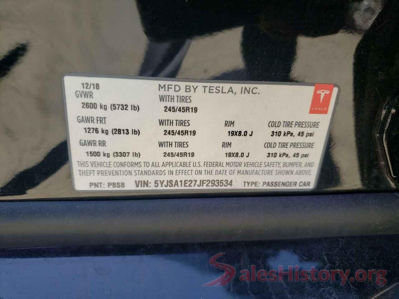 5YJSA1E27JF293534 2018 TESLA MODEL S