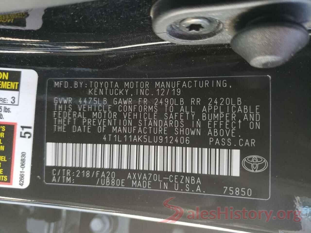 4T1L11AK5LU912406 2020 TOYOTA CAMRY