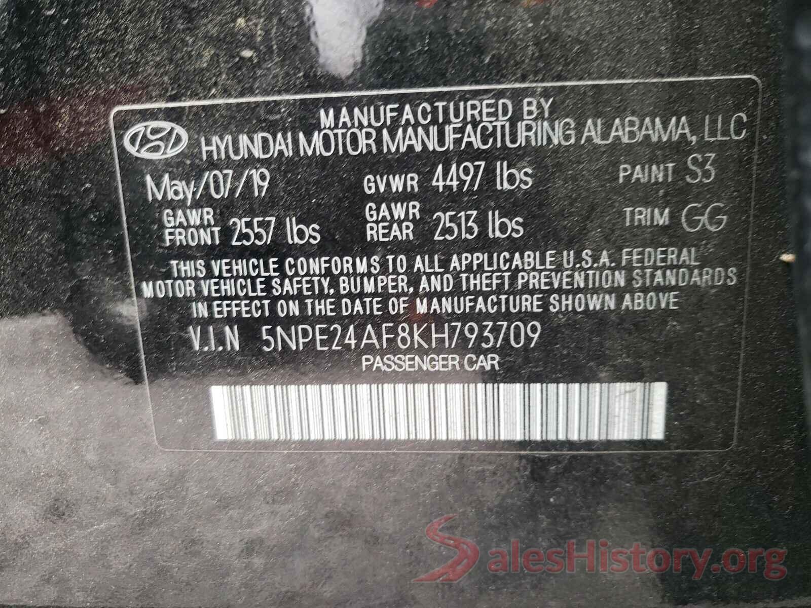 5NPE24AF8KH793709 2019 HYUNDAI SONATA