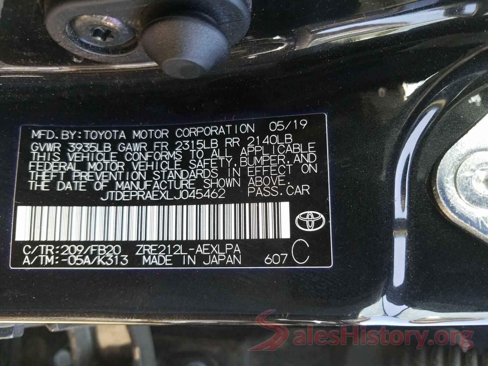 JTDEPRAEXLJ045462 2020 TOYOTA COROLLA