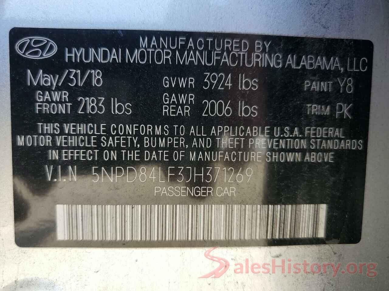 5NPD84LF3JH371269 2018 HYUNDAI ELANTRA