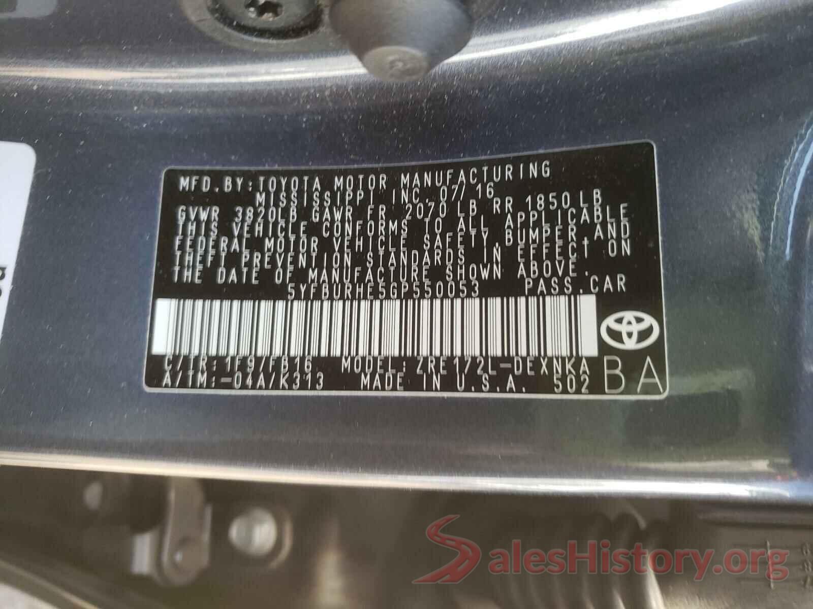 5YFBURHE5GP550053 2016 TOYOTA COROLLA