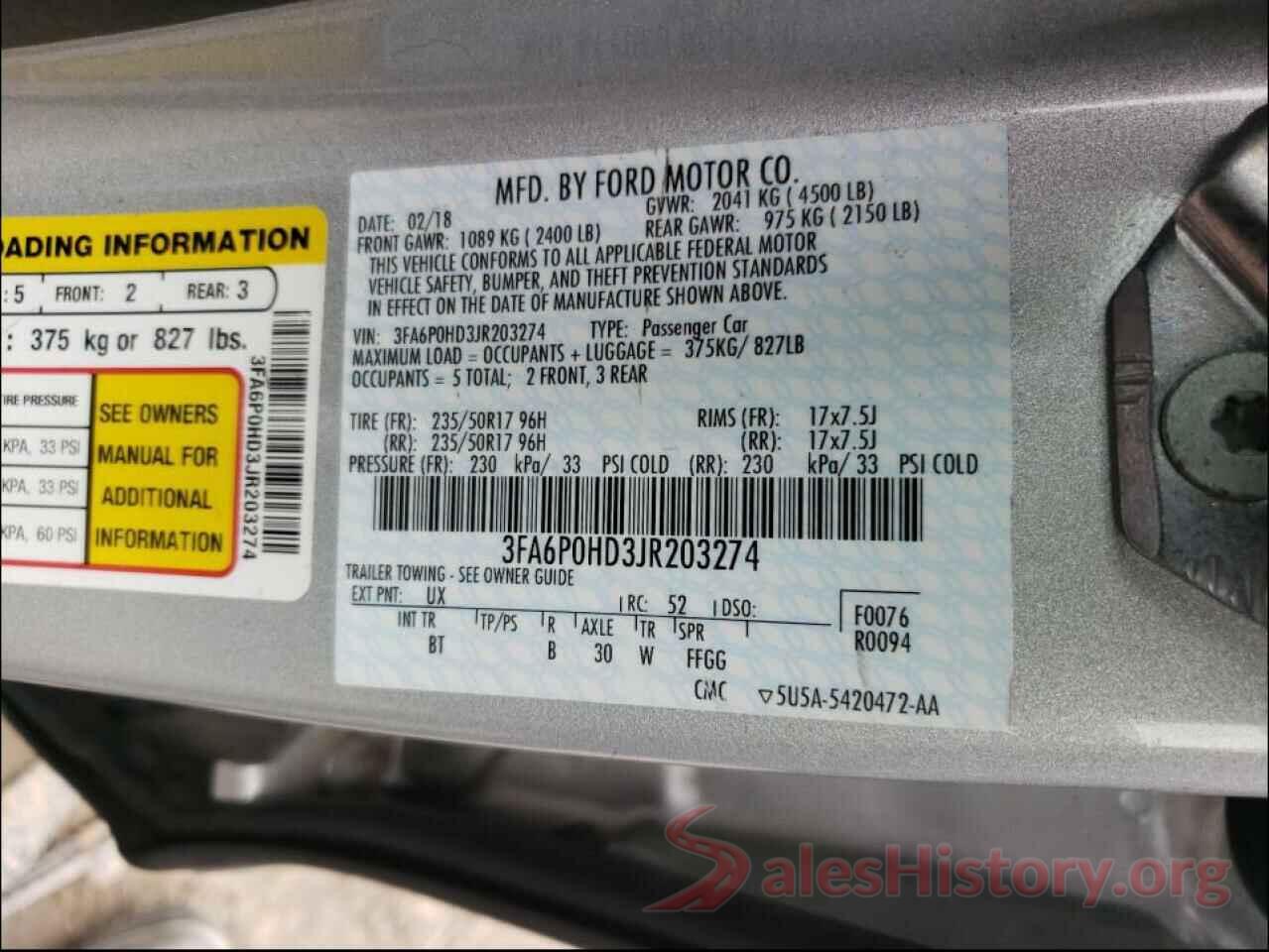 3FA6P0HD3JR203274 2018 FORD FUSION