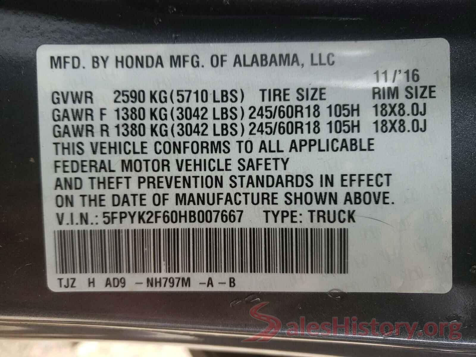 5FPYK2F60HB007667 2017 HONDA RIDGELINE