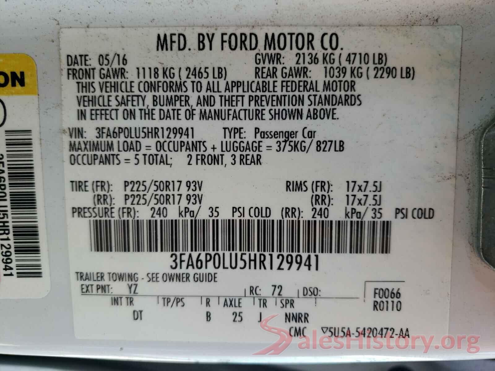 3FA6P0LU5HR129941 2017 FORD FUSION