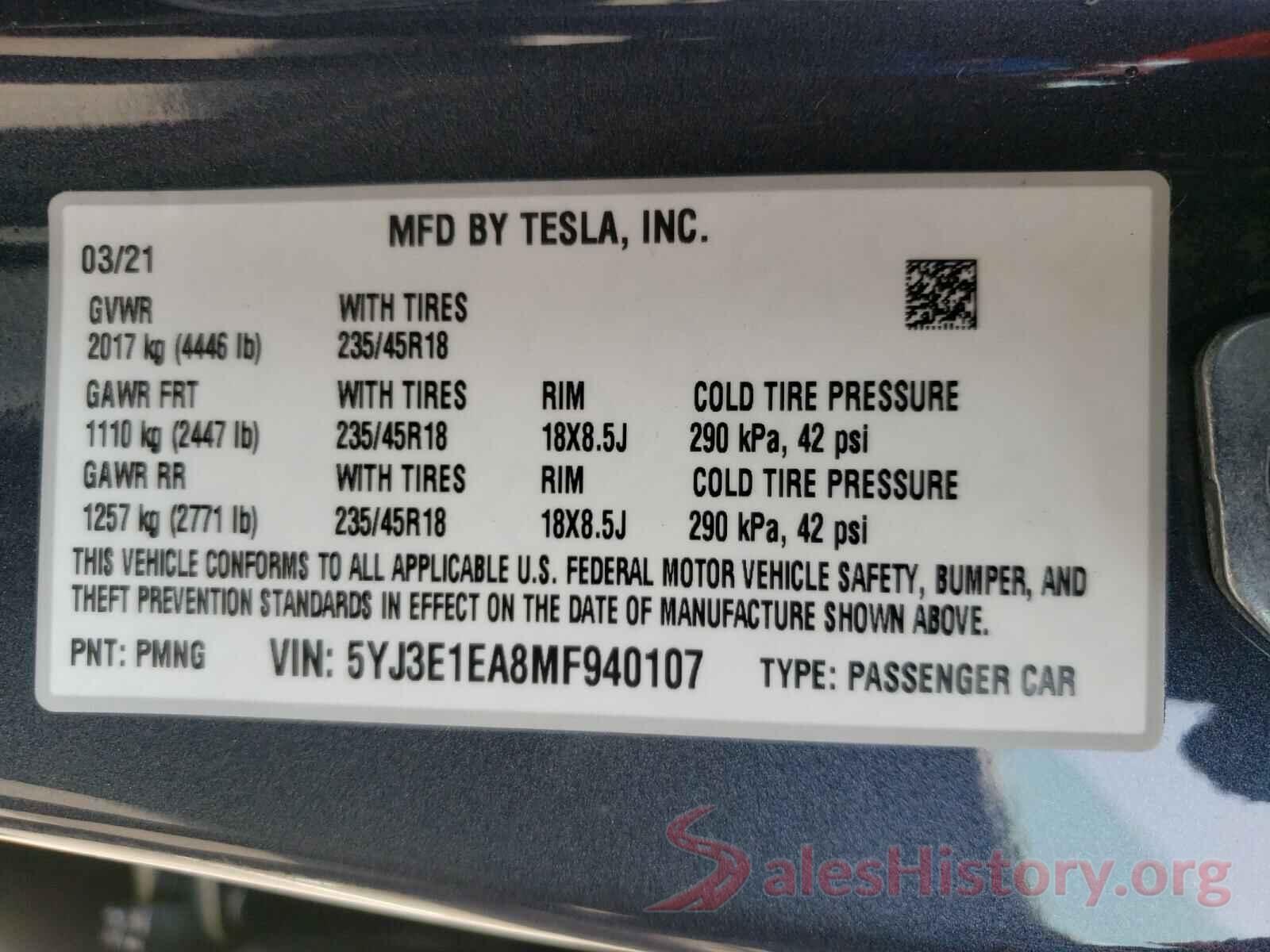 5YJ3E1EA8MF940107 2021 TESLA MODEL 3