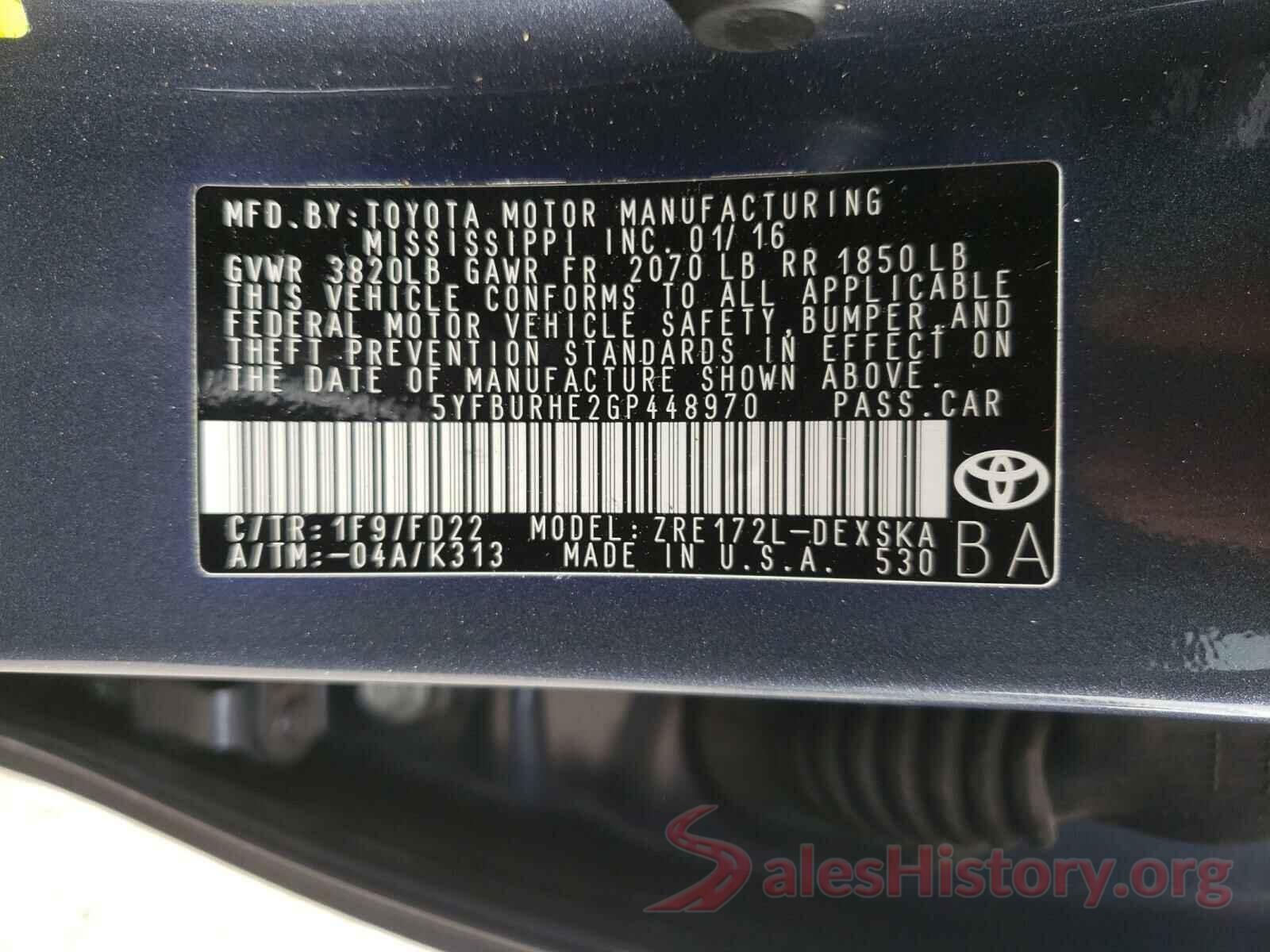 5YFBURHE2GP448970 2016 TOYOTA COROLLA