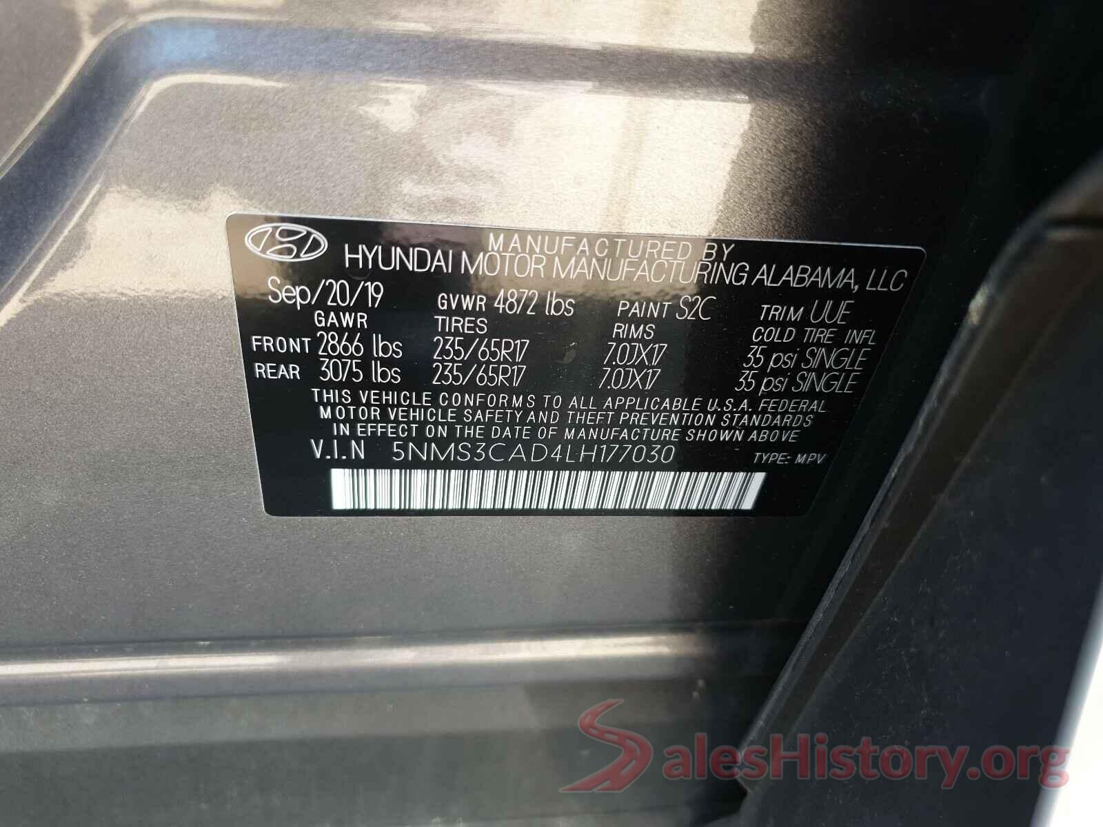 5NMS3CAD4LH177030 2020 HYUNDAI SANTA FE