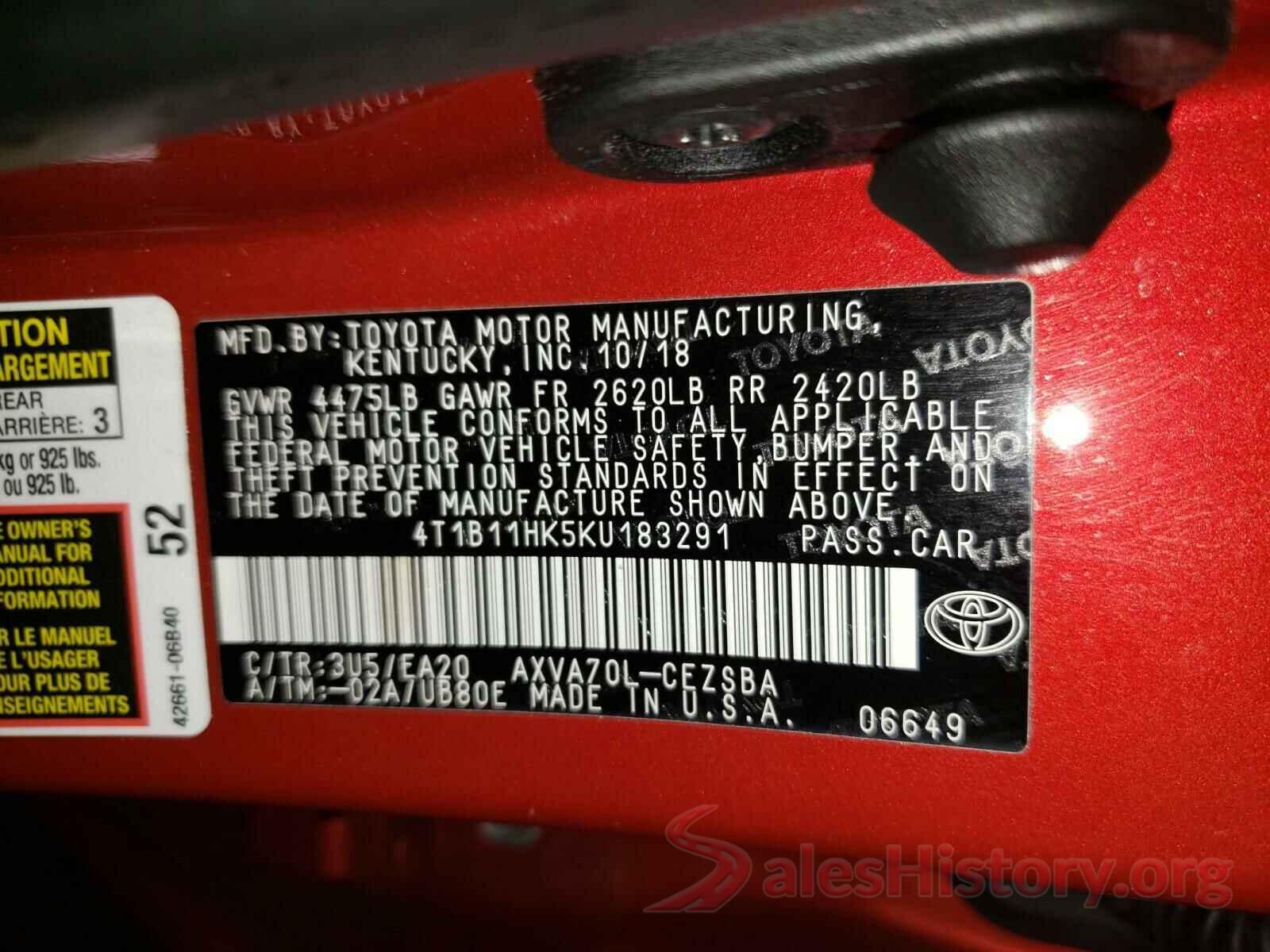 4T1B11HK5KU183291 2019 TOYOTA CAMRY