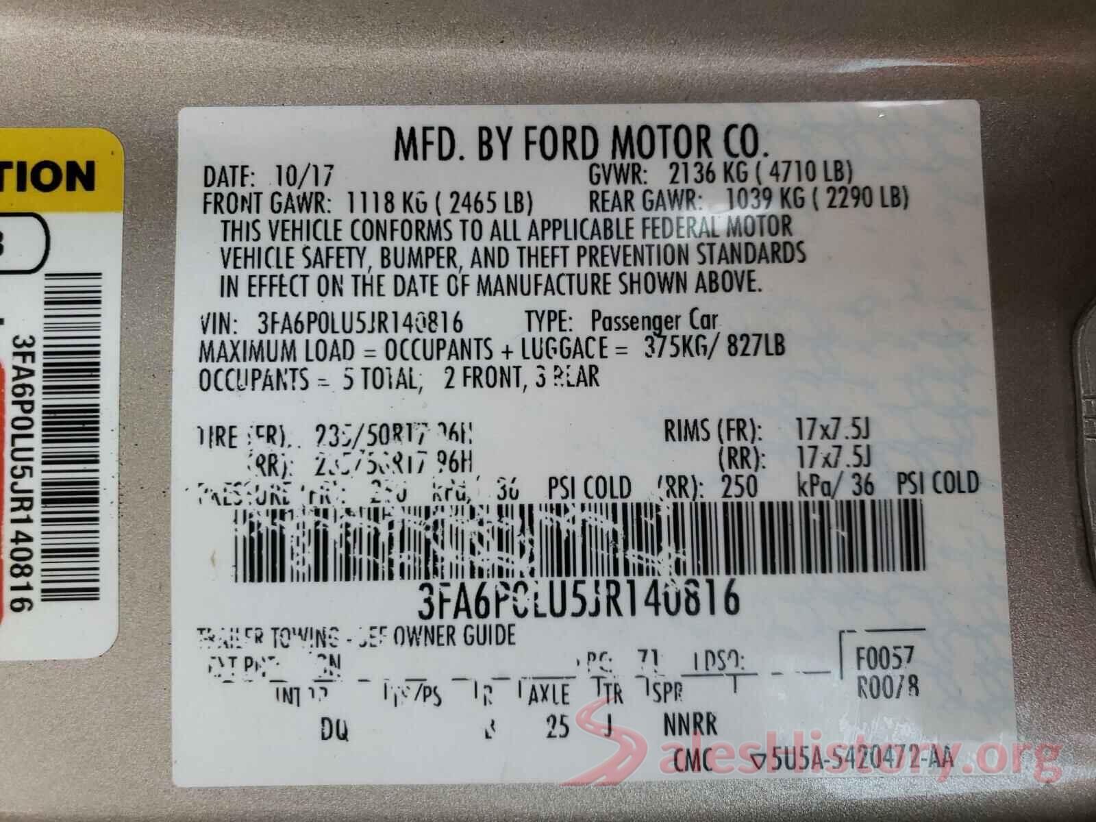 3FA6P0LU5JR140816 2018 FORD FUSION