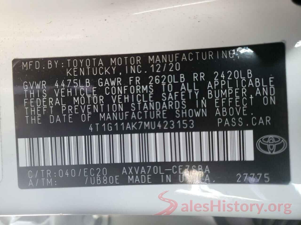 4T1G11AK7MU423153 2021 TOYOTA CAMRY