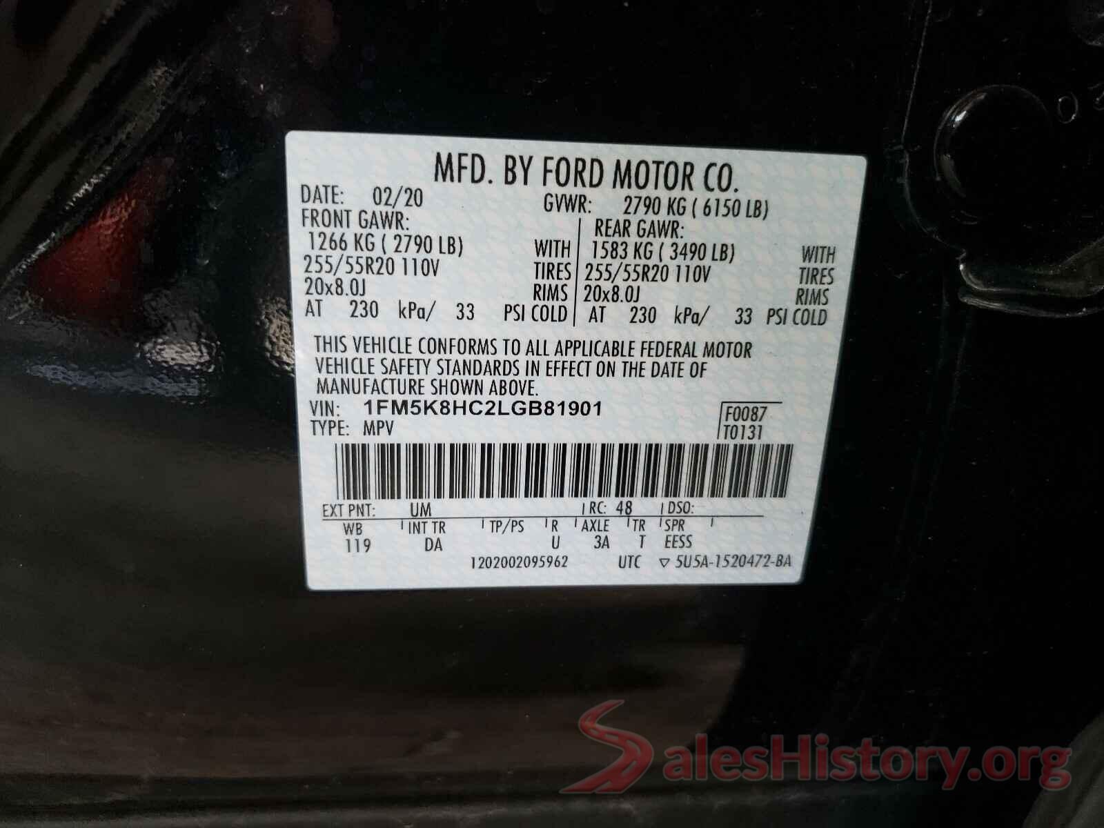 1FM5K8HC2LGB81901 2020 FORD EXPLORER