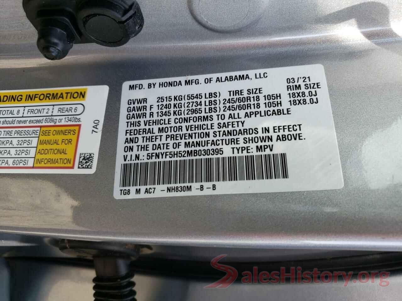 5FNYF5H52MB030395 2021 HONDA PILOT