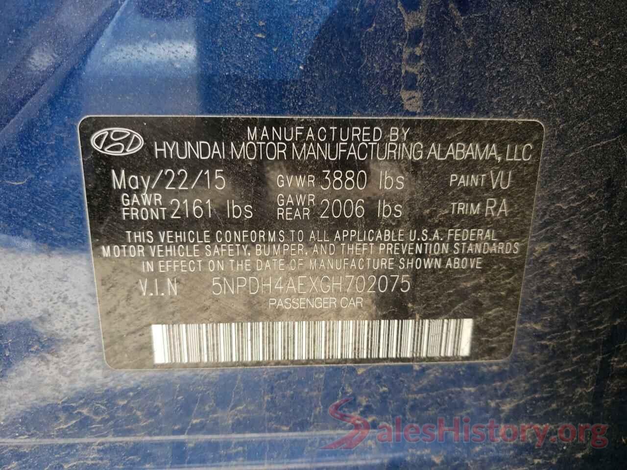 5NPDH4AEXGH702075 2016 HYUNDAI ELANTRA