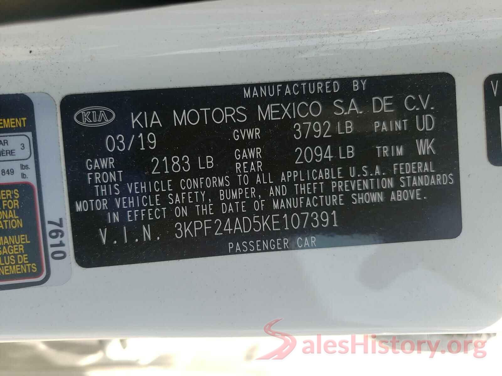 3KPF24AD5KE107391 2019 KIA FORTE