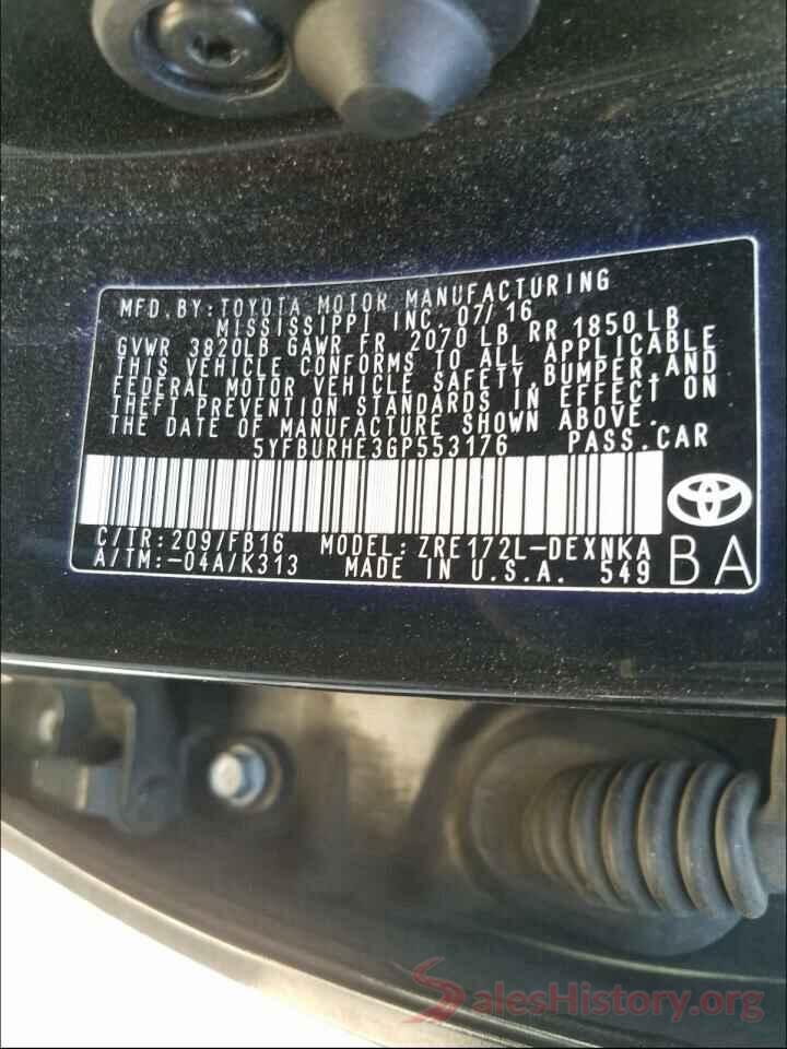 5YFBURHE3GP553176 2016 TOYOTA COROLLA