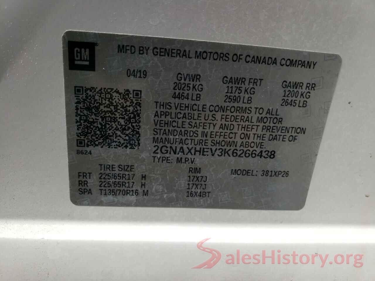 2GNAXHEV3K6266438 2019 CHEVROLET EQUINOX