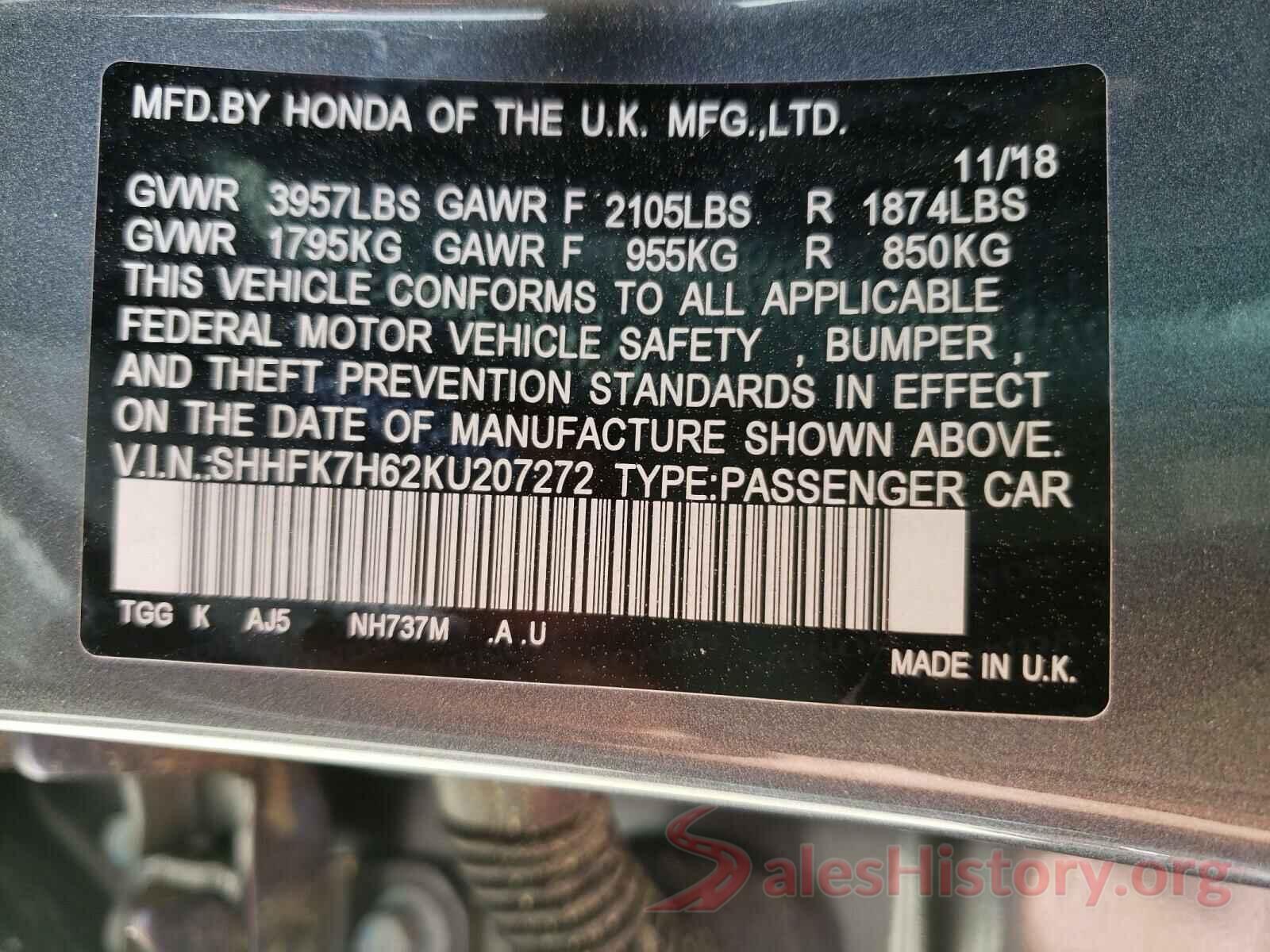 SHHFK7H62KU207272 2019 HONDA CIVIC