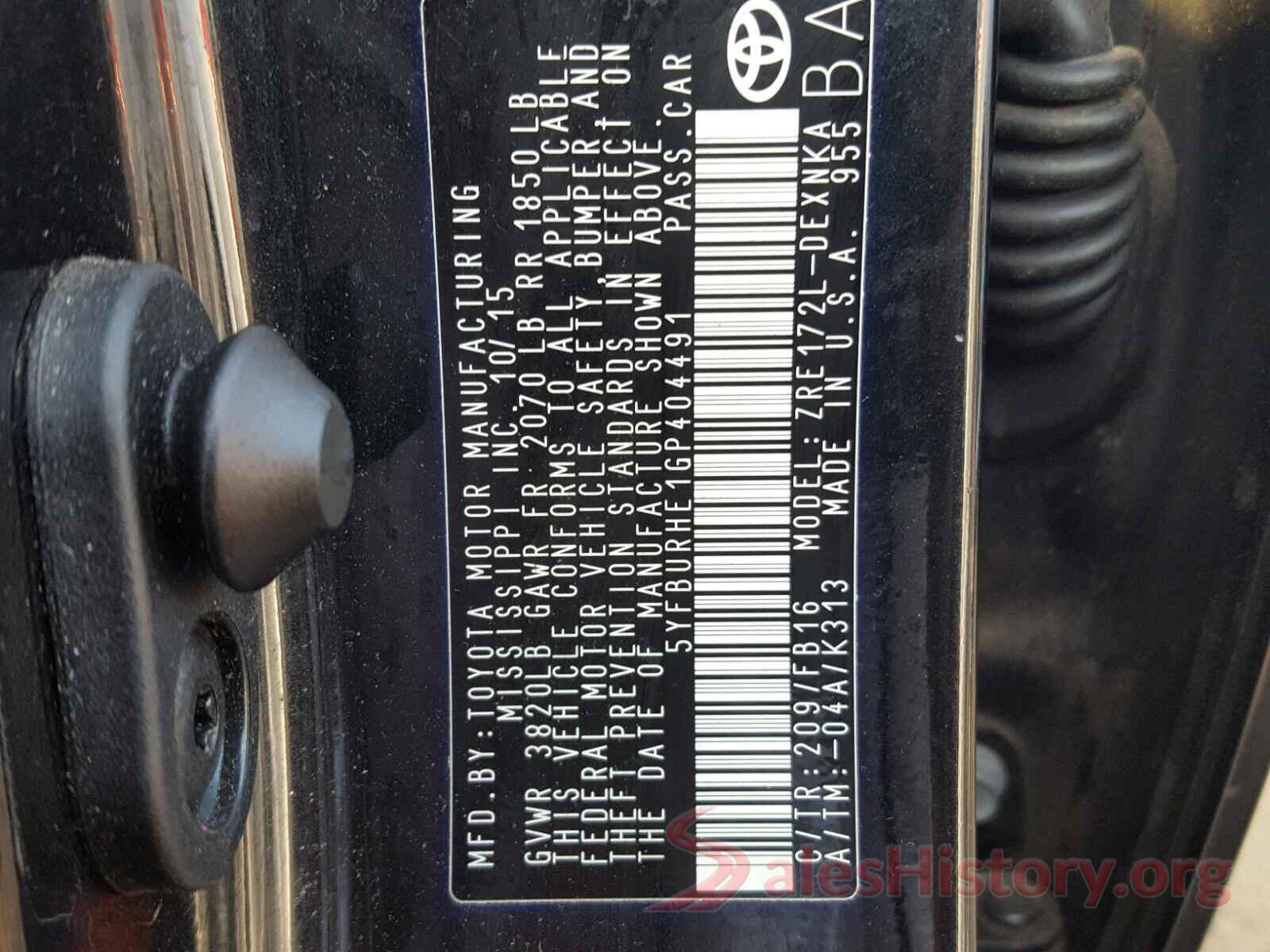 5YFBURHE1GP404491 2016 TOYOTA COROLLA