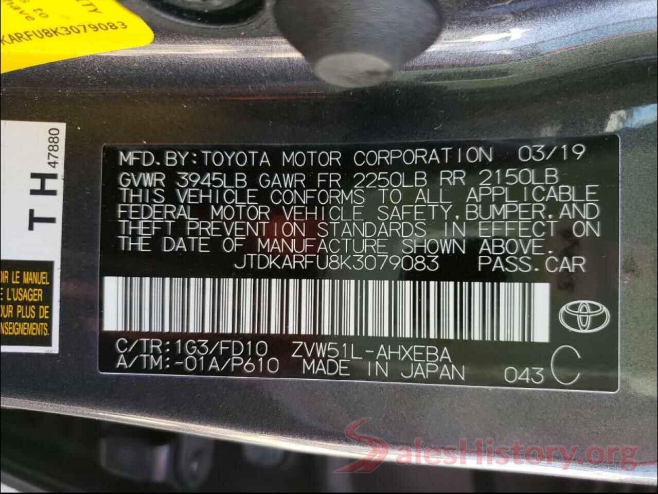 JTDKARFU8K3079083 2019 TOYOTA PRIUS