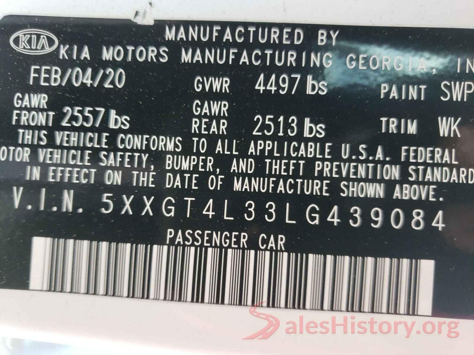 5XXGT4L33LG439084 2020 KIA OPTIMA